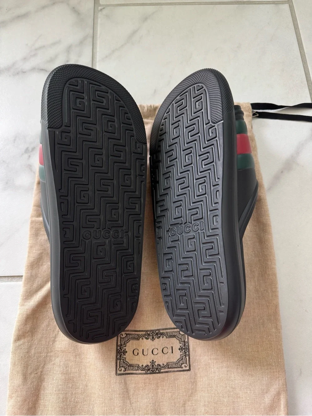 Gucci Black Slides with Red and Green Stripes